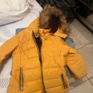 Zara Mustard Puffer Jacket with Faux Fur Hood